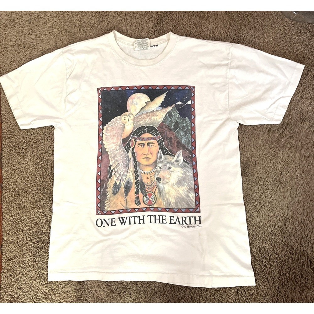 Vintage 1992 Human-i-Tees One With The Earth Single Stitch T-Shirt Cream Size L